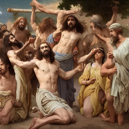 Image similar to an extremely detailed matte painting of a ridiculously good looking jesus that looks like a jewish gigachad with his 1 2 apostle entourage droing keg stands, long curly hair, elegant ancient greek dress, very detailed, windy beach, beautiful, intricate, cinematic, artstation, william bouguereau, alphonse mucha, greg rutkowski, rossdraws, octane render