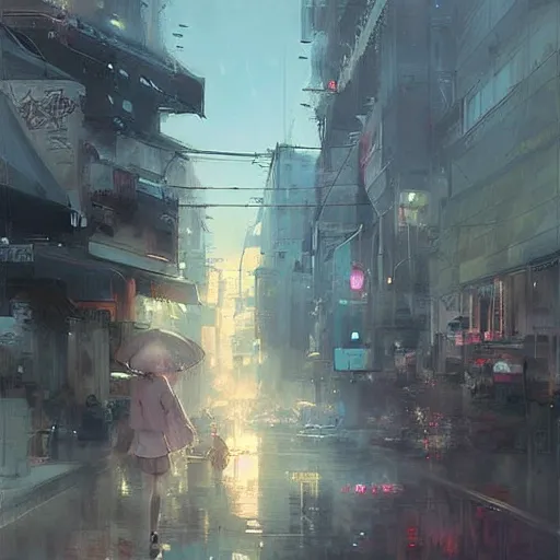 Prompt: tokyo paris. volumetric lighting, spring early morning, dew, nice weather, realistic illustration, perfectly shaded, soft painting, art by krenz cushart and wenjun lin