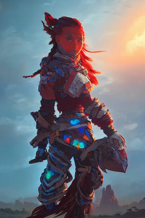 Image similar to combination suit armor aloy horizon forbidden west horizon zero dawn radiating a glowing aura global illumination ray tracing hdr fanart arstation by ian pesty and alena aenami artworks in 4 k tribal robot ninja mask helmet backpack