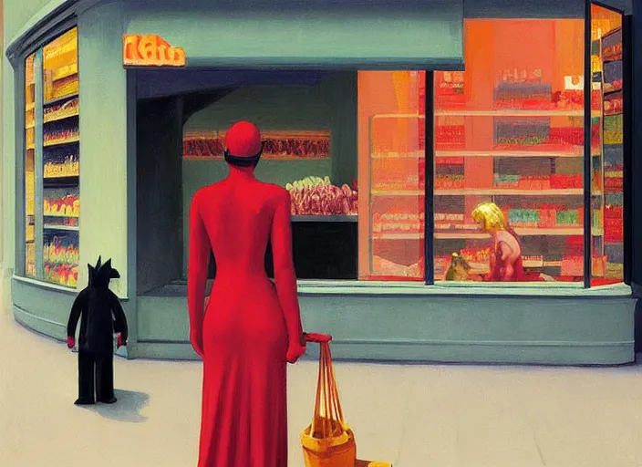 Prompt: !dream catwoman in line at a grocery store painting by Edward Hopper and James Gilleard, Zdzislaw Beksinski highly detailed