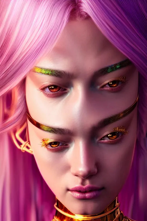 Prompt: hyperdetailed portrait of a stunningly beautiful german girl androgynous guard made of iridescent metals, shiny pink gems, inspired by ross tran and wlop and masamune shirow and kuvshinov, concept art, intricate, photorealistic, octane render, rtx, hdr, unreal engine, dnd digital art by artgerm