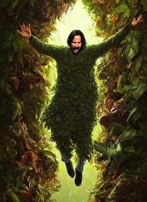 Image similar to highly detailed comedy caper movie poster with silly wacky zany keanu reeves as a sentient pile of leaves, keanu reeves green face as a sentient leafy bush by greg rutkowski, masterpiece, really funny, 1 0 / 1 0 comedy