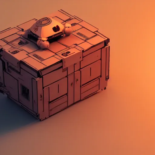 Image similar to a robot in the shape of a box, has 4 legs that end in wheels, k octante detailed render, cinematic lighting, post - processing