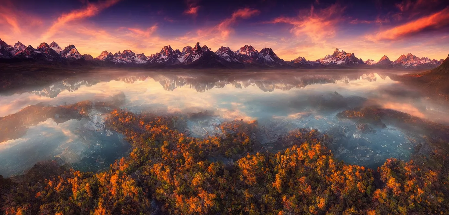 Image similar to amazing landscape photo of mountains with lake in sunset by marc adamus, beautiful dramatic lighting