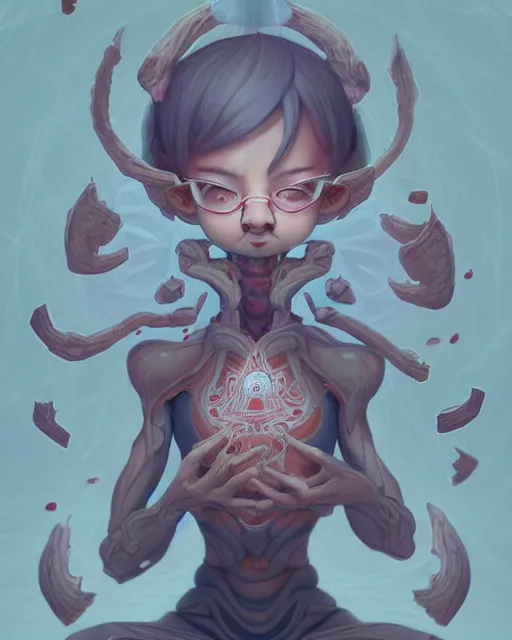 Image similar to a tiny cute demon floating while meditating and wrapped in sacred scrolls, smooth, intricate, elegant, digital painting, artstation, power runes, pulsing energy, concept art, sharp focus, octane render, illustration, art by shintaro kago and josan gonzalez, overwatch character,