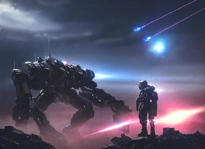 Image similar to an armored core v, ; scifi, booster flares, legs, laser rifles, karst landscape, outdoor, dark blue sky, cloud, wilderness ground, glowing lights intricate elegant, highly detailed, digital painting, artstation, concept art, smooth, sharp focus, thin glowing wires, illustration, art by artgerm and greg rutkowski and alphonse mucha, singularity
