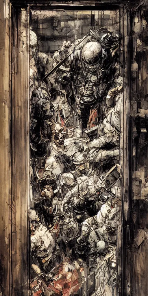 Image similar to oil painting scene from elevator by kim jung gi