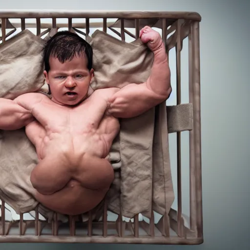 Prompt: a beefed up extremely muscular newborn baby in a crib, rippling muscles, huge veins, bulging muscles, ripped, flexing, intense expression, award winning photography, high detail