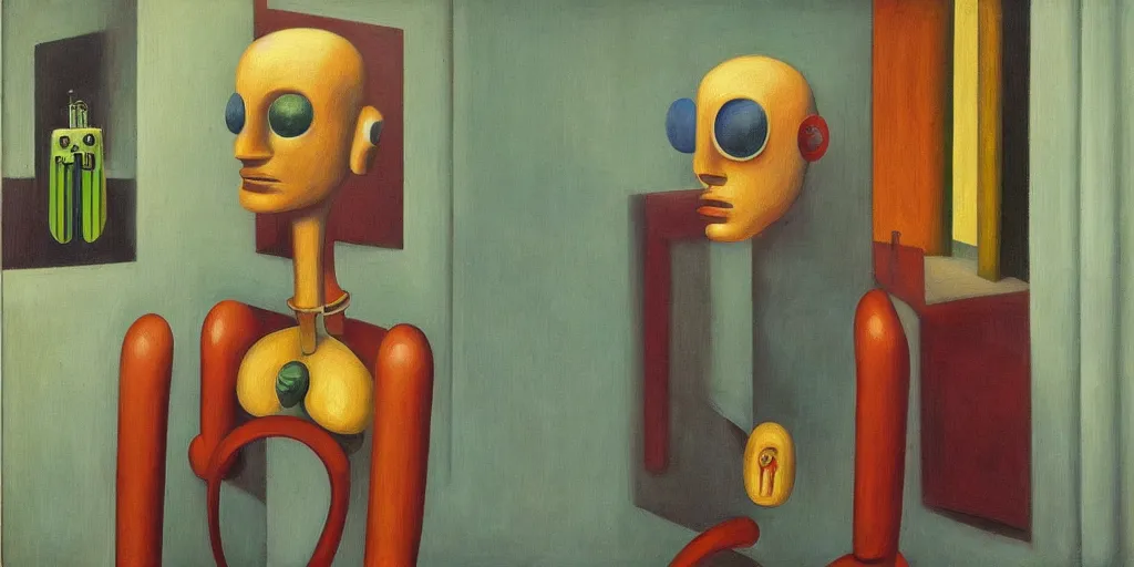 Image similar to robot portrait, visage, expressive, grant wood, pj crook, edward hopper, oil on canvas