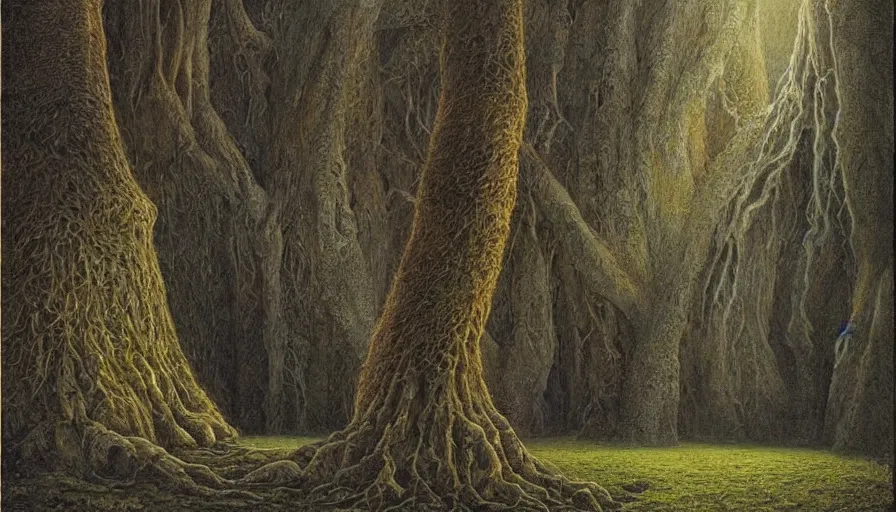 Image similar to painting by John Howe of the two trees of valinor, one of them glowing gold, the other one silver