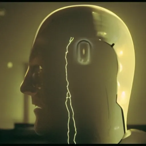 Image similar to movie scene of a man with a robot head, movie still, cinematic composition, cinematic lightning, Movie by David Lynch and Andrzej Żuławski