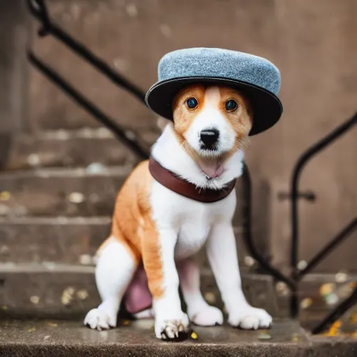 Image similar to a cute puppy wearing a hat, Canon EOS R3, f/1.4, ISO 200, 1/160s, 8K, RAW, unedited, symmetrical balance, in-frame