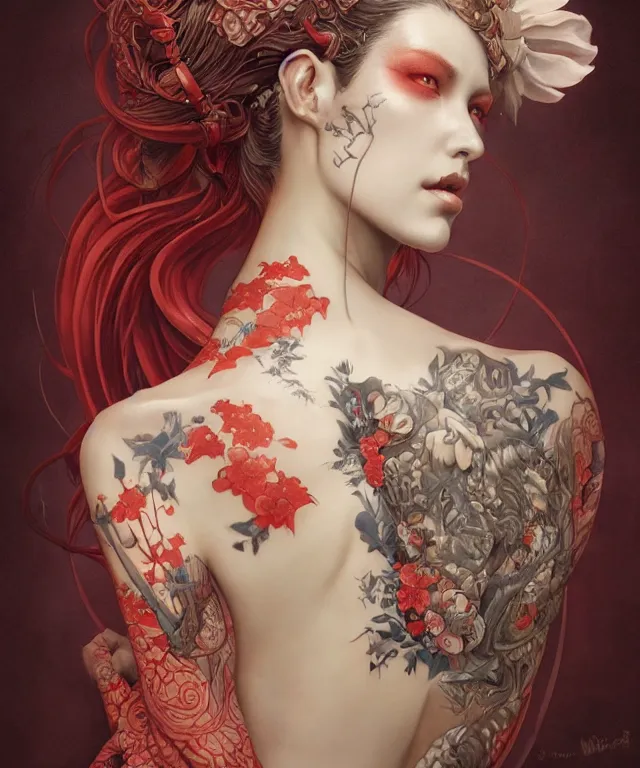 Image similar to ultra realistic illustration, beautiful woman dressed in a crimson kimono, backview, tattoos, in the style of peter mohrbacher by weta digital and beth cavener, high face symmetry, intricate, masterpiece, award winning, high face symmetry, intricate