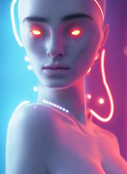 Image similar to a european female humanoid with freckled cheeks, cyber neon lighting, futurism, intricate futuristic led lit jewelry, cyberpunk glossy white latex swimwear, profile posing, hyper photorealistic, crispy quality, digital photography, trending in artstation, trending in pinterest, cinematic, 4 k ultra hd, art by pascal blanche, art by greg rutkowski,