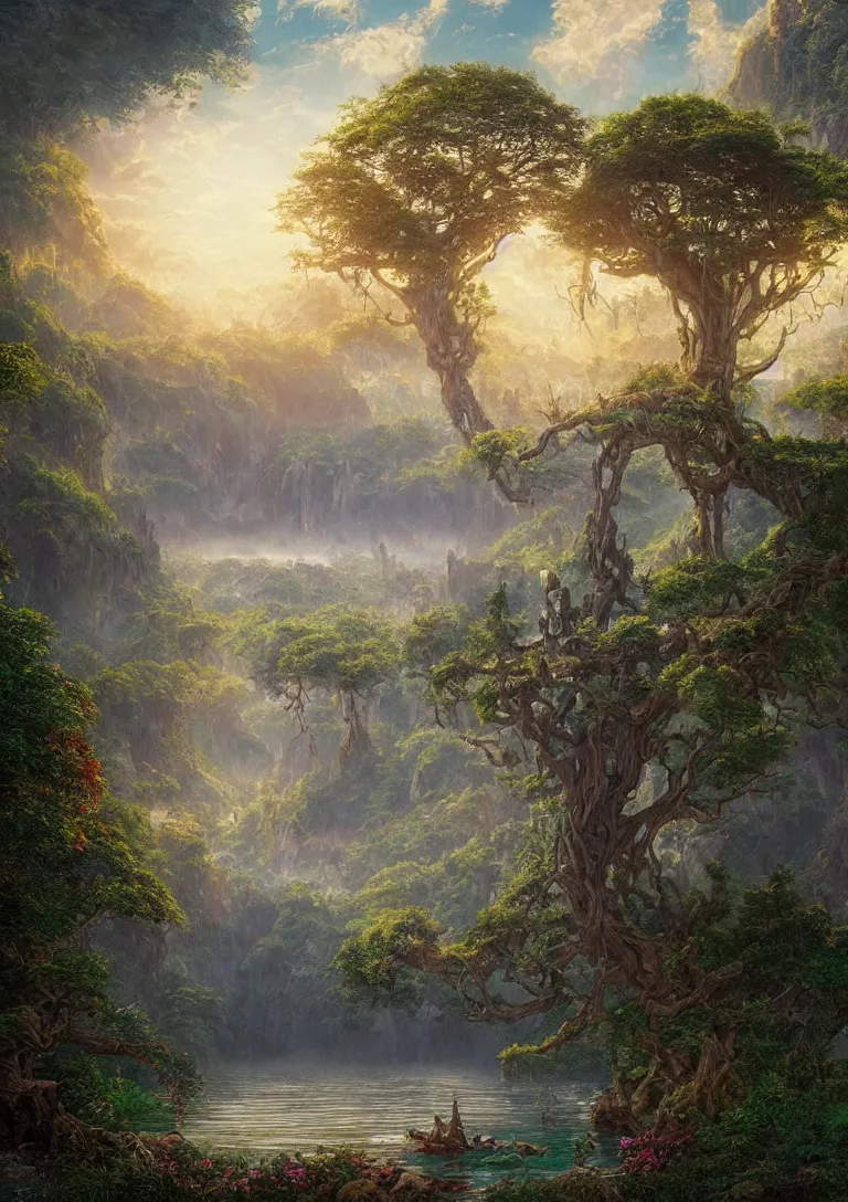 Image similar to beautiful hyper realistic detailed matte painting of fantasy tree of life in the middle of lake in garden of eden, hdr, by Moebius and John Howe and Albert Bierstadt and Alena Aenami, ultra detailed, high resolution