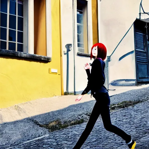 Image similar to 1 7 - year - old pale - skinned anime girl with black long bob cut, long bangs, black gothic jacket, black jeans, running through italian town, yellow sunshine, sepia sun, strong lighting, strong shadows, vivid hues, ultra - realistic, sharp details, subsurface scattering, intricate details, hd anime, 2 0 1 9 anime