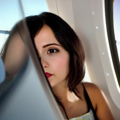 Prompt: a beautiful dark - haired girl smoking while looking out of an aeroplane window hq extremely detailed photo