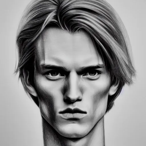 Prompt: A pencil drawing portrait of a blond young Irish man with high cheekbones. Good bone structure. Dressed in 1980s style. Highly detailed, fine Art, high detail, great lighting, 8k resolution, masterpiece, concept art, illustration, clear eyes, painting oil on canvas, octane render, HDR, trending on artstation, 4k, 8k, HD