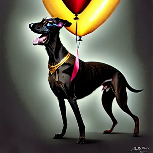 Prompt: a dark brindle greyhound with a grey face is laying down with a happy anniversary balloon floating above him, d & d, fantasy, intricate, elegant, highly detailed, digital painting, artstation, concept art, matte, sharp focus, illustration, hearthstone, art by artgerm and greg rutkowski and alphonse mucha