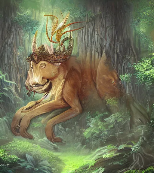 Prompt: ancient animal god in a forest by aoshima, chiho - digital art