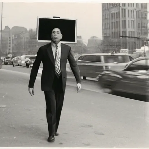 Image similar to a man in a suit wearing a tv on his head while walking