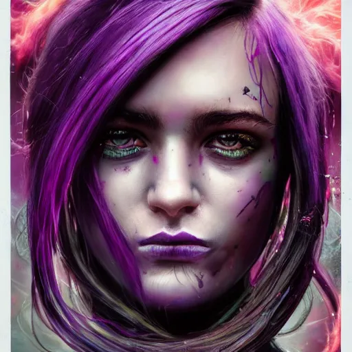 Image similar to detailed photo portrait of a furious teen girl with thin, hair-like purple tentacles on her head and bright purple eyes, 8k,by tristan eaton, Stanley Artgermm,Tom Bagshaw,Greg Rutkowski,Carne Griffiths,trending on DeviantArt, face enhance,hyper detailed ,full of colour, dramatic lightning