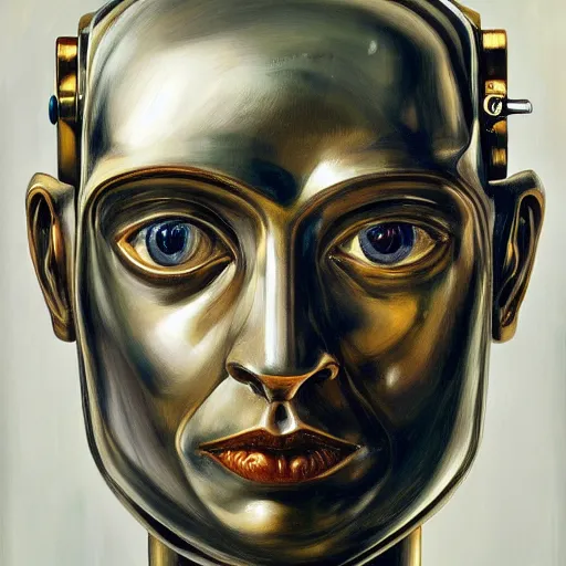 Image similar to high quality high detail painting by lucian freud, hd, portrait of futuristic highly detailed symmetrical robot, photorealistic lighting