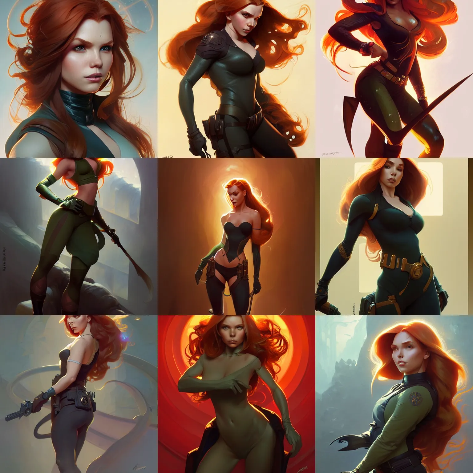 Prompt: Kim Possible, fantasy, intricate, elegant, highly detailed, digital painting, artstation, concept art, matte, sharp focus, illustration, art by Artgerm and Greg Rutkowski and Alphonse Mucha