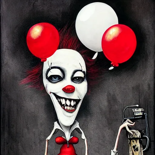 Prompt: grunge painting of a computer with a wide smile and a red balloon by chris leib, loony toons style, pennywise style, corpse bride style, horror theme, detailed, elegant, intricate