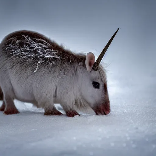 Prompt: unicorn mouse searching for food in the snow, macro shot, soft light of winter, award winning photo, national geographic,