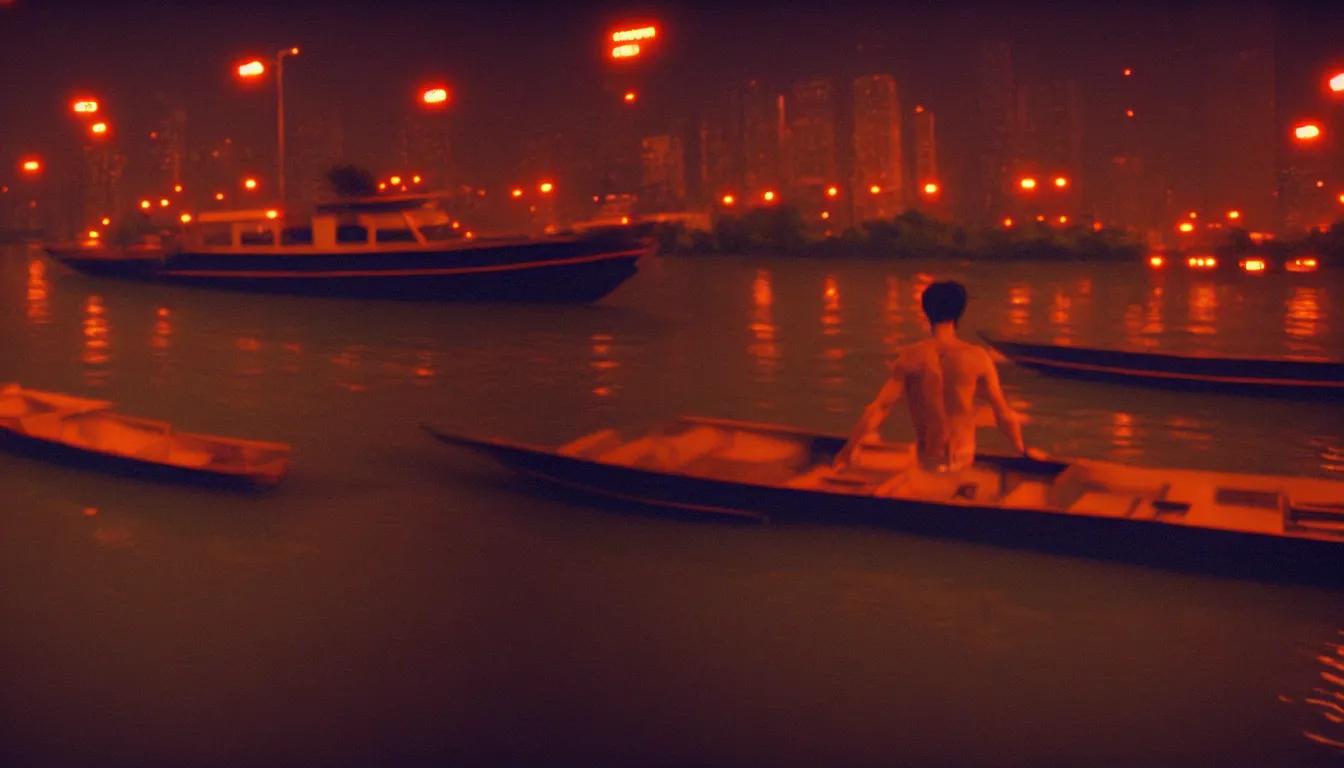 Image similar to 80s asian neon movie still with a lone man driving a boat on the river at night with city lights behind his back. Fallen angels movie still. hyperrealistic, high definition, medium format photography, highly detailed, tehnicolor, anamorphic 50mm lens