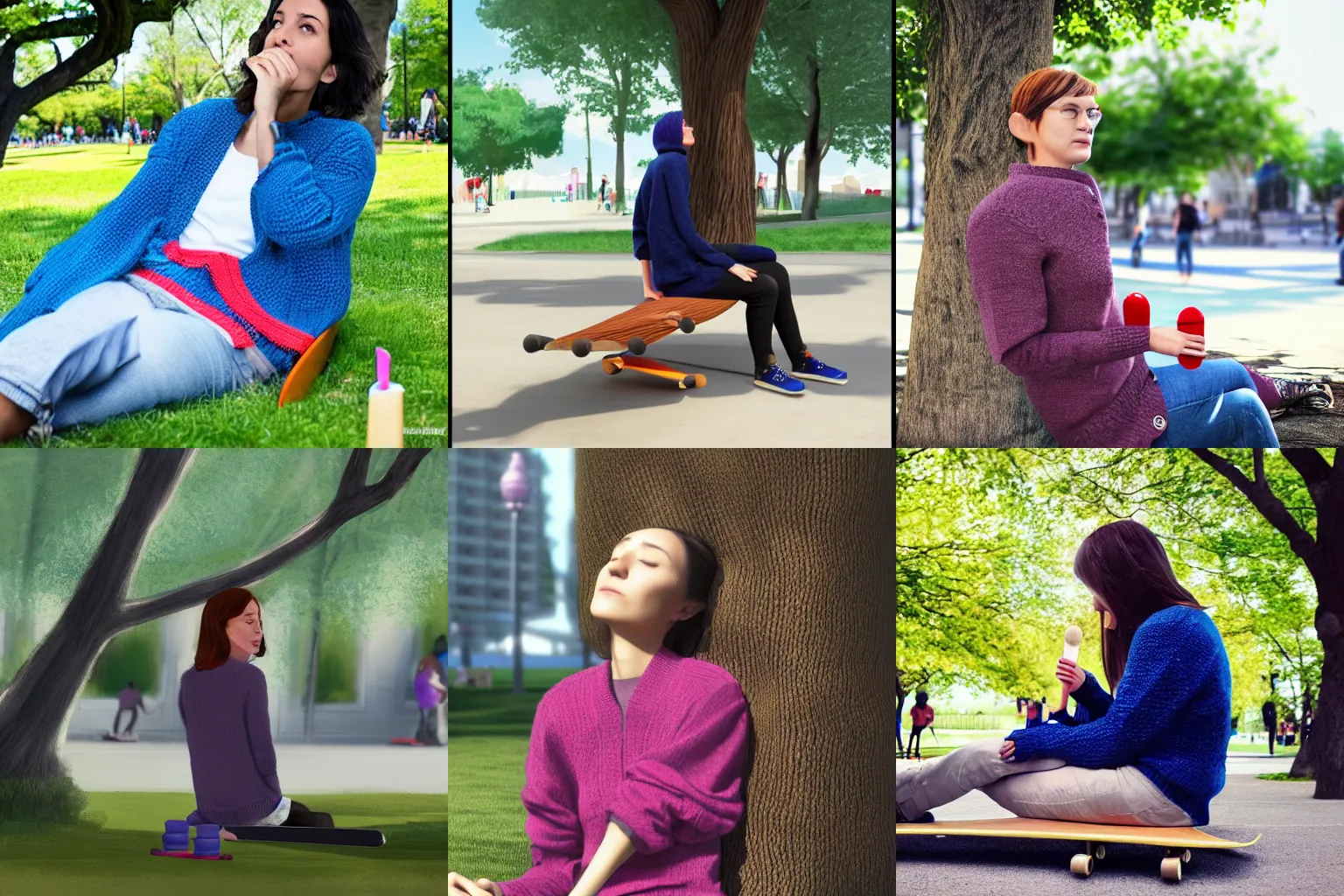 Prompt: a woman wearing two layers of cardigans over a knit sweater, sitting under the shade of a tree in a city park, eating a popsicle, watching skateboarders go by, digital art, trending on artstation, photorealistic, 8k