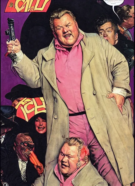 Image similar to ray winstone as a chubby supervillain wearing a pink trench coat, by norman rockwell and jason fabok and tom lovell and frank schoonover and dean cornwell