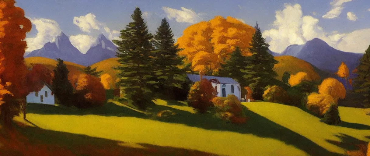 Image similar to a highly detailed, 4 k, alpine landscape with a cottage, dense trees, fall, by edward hopper, new artstation artist,