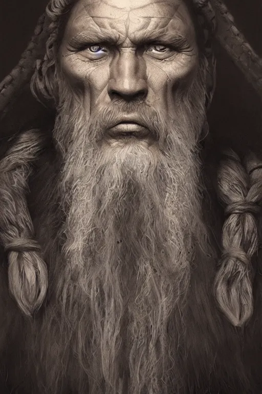 Image similar to portrait, face of a old viking King, face portrait, raphael lacoste, eddie mendoza, alex ross, concept art, matte painting, highly detailed, rule of thirds, dynamic lighting, cinematic, detailed, denoised, centerd