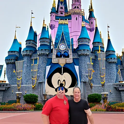 Prompt: a photo of walt disney and thanos standing together in front of the magic kingdom castle, photograph, realistic, 4K UHD, 16mm f/1.4