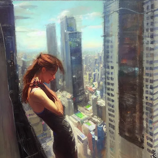 Image similar to “ girl standing on a roof looking down at a futuristic new york city below, by daniel gerhartz ”