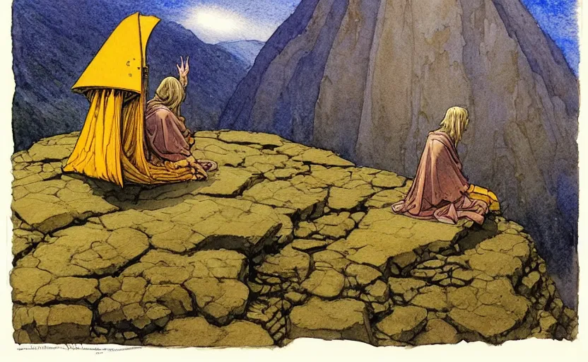 Image similar to a realistic and atmospheric watercolour fantasy concept art of a golden ufo landing on top of a machu pichu. female medieval monk in grey robes kneeling with her hands by her sides. by rebecca guay, michael kaluta, charles vess and jean moebius giraud