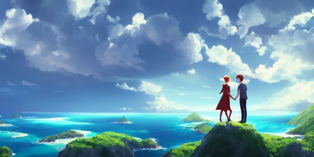 Image similar to a beautiful couple holding their hands on a cloud above emerald lagoon of Sint-Marteen with a marshall speaker with visible music coming from, CLOUD9 is written under the illustration, mattepainting concept Blizzard pixar maya engine on stylized background global illumination lighting artstation  lois van baarle, ilya kuvshinov, rossdraws