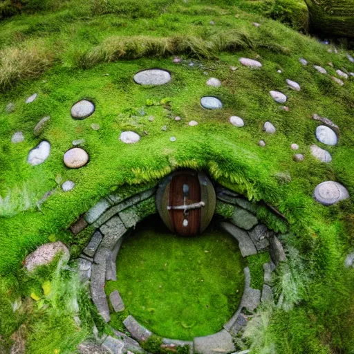 Prompt: a hobbit temple to welcome the aliens, seen from above