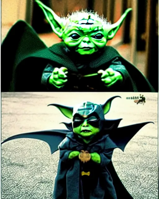 Prompt: epic action still of baby yoda wearing batman outfit as batman in the style of batman the dark knight rises