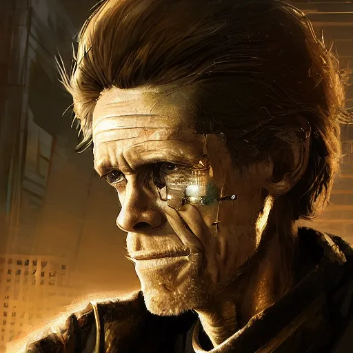 Image similar to closeup portrait of william dafoe, cyberpunk, shaggy ex military guy, city background, dramatic light, gorgeous view, depth, high detail, digital art, painted by greg rutkowski and seb mckinnon, neuromancer, trending on artstation