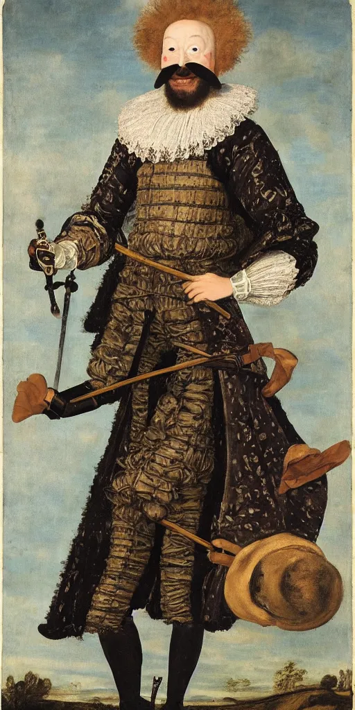 Prompt: faceless man flies over a landscape, he is wearing a comedy mask, he is wearing elizabethan boots and ruff, he carries a broadsword in his left hand, painted by frans hals, dramatic theater lighting