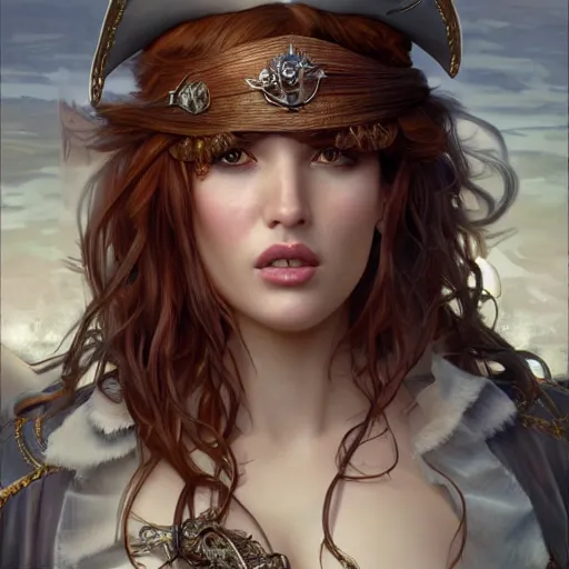 Prompt: ultra realistic illustration, bella thorne as pirate, intricate, elegant, highly detailed, digital painting, artstation, concept art, smooth, sharp focus, illustration, art by artgerm and greg rutkowski and alphonse mucha