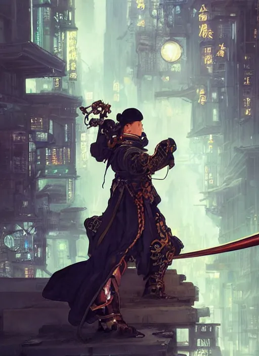 Prompt: A oil painting of a steampunk chinese swordsman with a cyberpunk city night background, 4k, trending on artstation, octane render, art by artgerm and greg rutkowski and alphonse mucha and craig mullins and James Jean and Andrei Riabovitchev and Marc Simonetti and peter mohrbacher,