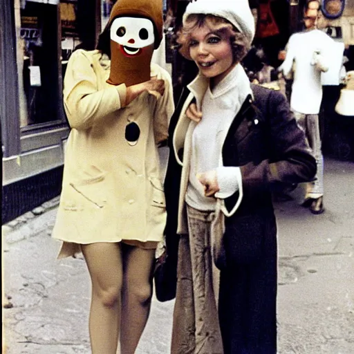 Image similar to professional archival photo of a glamorous woman and her friend, a puppet that looks like Caspar the Friendly Ghost, in a sidewalk cafe in paris, wearing berets, 16mm film soft color, earth tones and some primary colors 1976, archival footage, in style of doris wishman russ meyer, woman looks like sofia loren