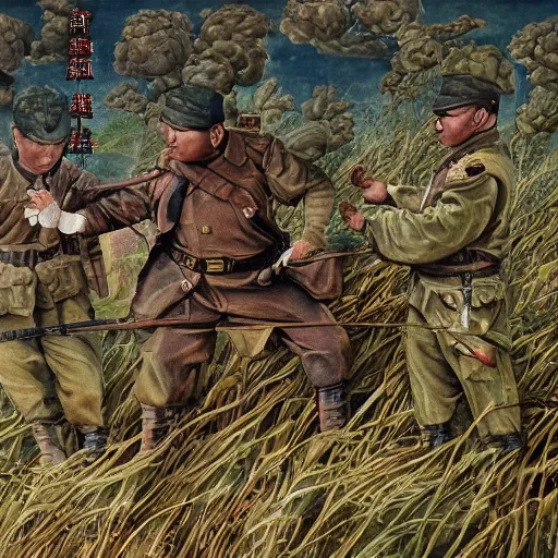 Image similar to a chinese soldier helps his comrades understand how to fight, technological growth, beautiful vintage country chocolate biodiesel wadellesacker, by wendy froud and vincent di botticelli, matte painting, an ink drawing holographic