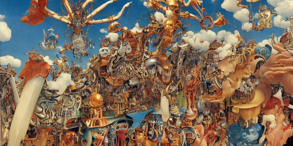 Prompt: mechanical angels descend from heaven in the middle of a small town during a carnival, surreal, quirky, highly detailed, colorful, dramatic, by boris vallejo, by winsor mccay, by richard corben, by hieronymus bosch - h 3 3 0