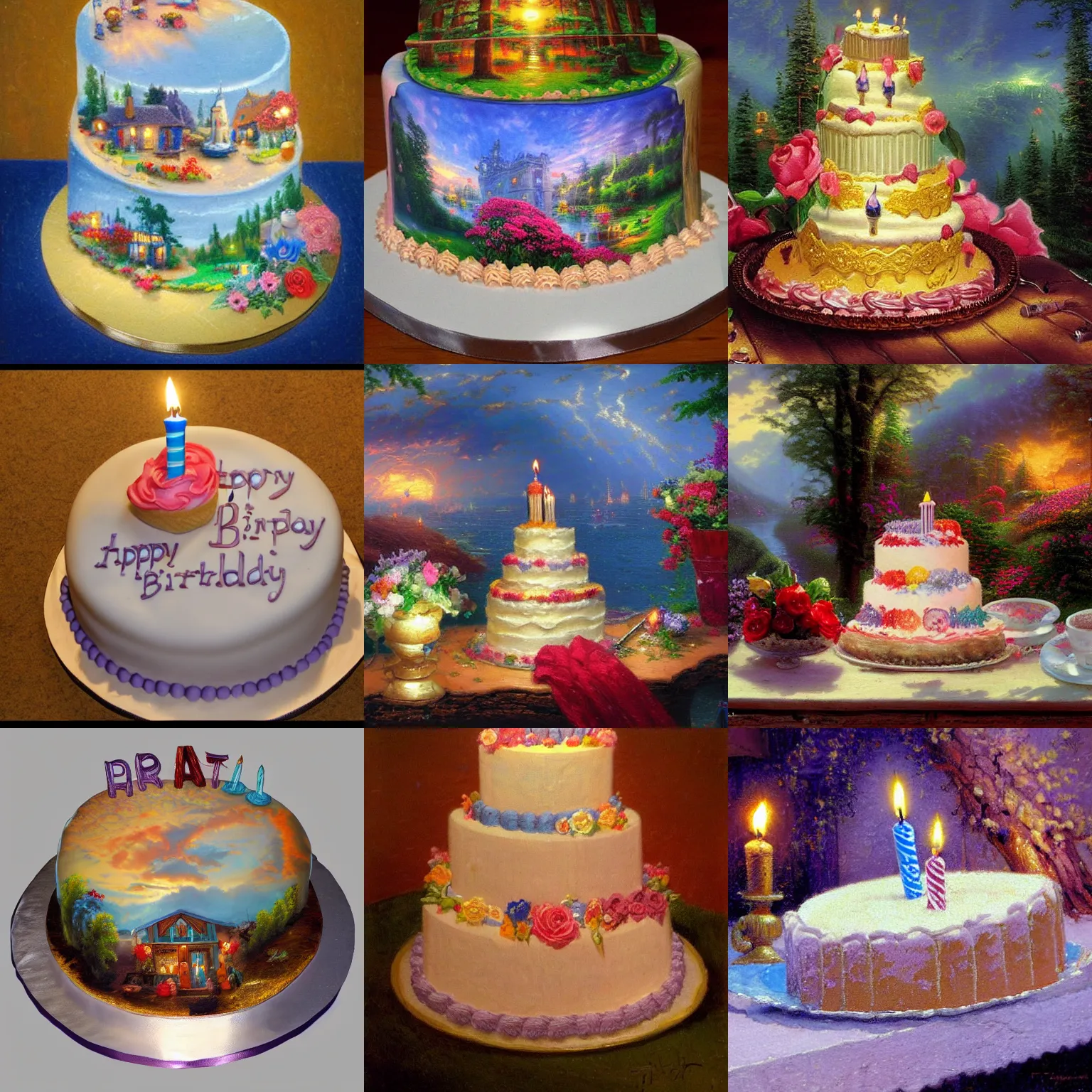 Prompt: birthday cake by thomas!! kinkade