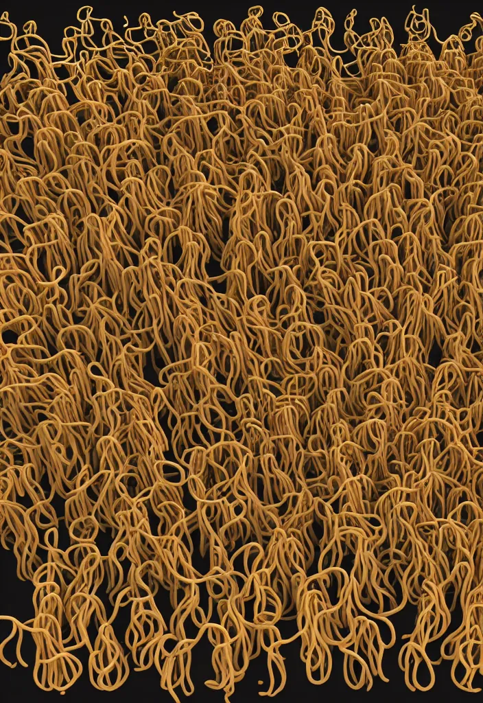 Image similar to a portrait of a spaghetti monster with 100 human heads, flat design, screen print, 8k unreal engine